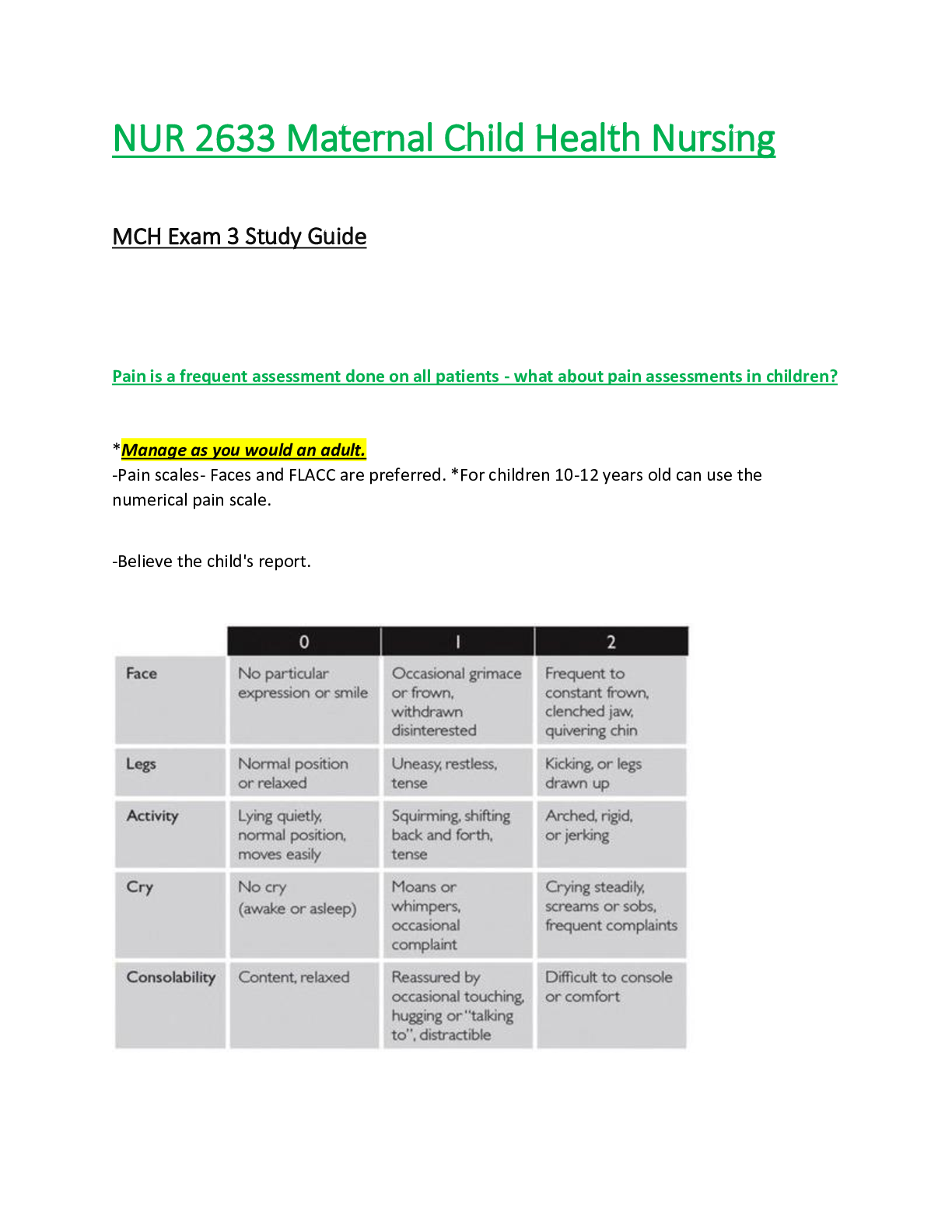 Preview of NUR 2633 / NUR2633 Exam 3 Study Guide (Latest Update): Maternal Child Health Nursing - Ras
